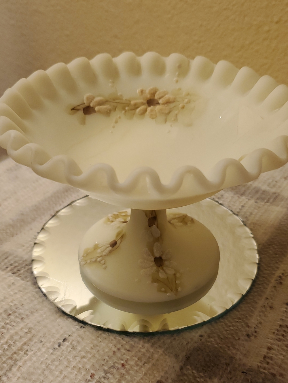 Fenton White Ruffled Pedestal Compote with Floral Relief